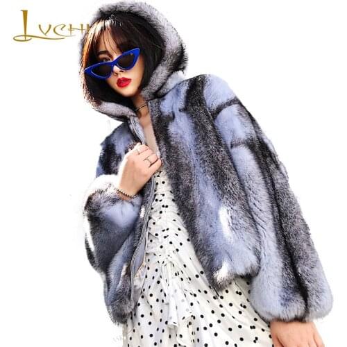 LVCHI 2019 Winter Import Mink Fur Coat Real Fur Coats Women Hat Long Sleeve Light purple light blue Short Cross Mink Fur Coats