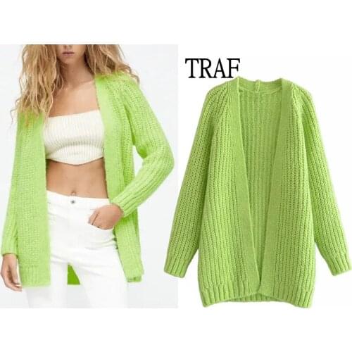 TRAF Za Woman Knit Jacket 2021 Autumn Winter Oversized Cardigan Sweater Women Loose Long Sleeve Plus Size Women Clothing Tops