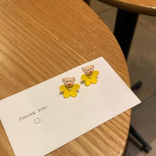 S925 Cute Fairy Yellow Flower Earrings Simple Forest Bear Earrings Girl Cartoon Earrings Small Fresh Ear Clip Female Tide