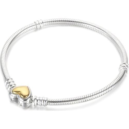 S925 Bead Charm Dangle Bracelet for Women Domed Golden Heart Clasp Snake Chain Bracelet Girl Lady Gift