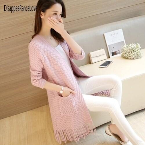 Disappearancelove 2021 Women Elegant Knitting Cardigan Sweater Jumper Female Long Sleeve Tassel Sweater Beige Knit Coat