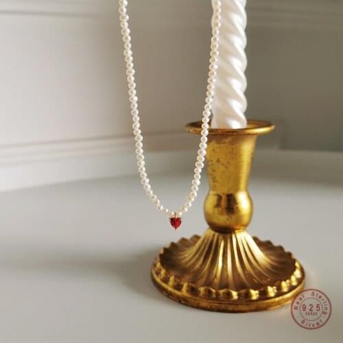 925 Sterling Silver French Simple Red Crystal Heart Pendant Pearl Necklace Women Exquisite Light Luxury Wedding Jewelry Gift
