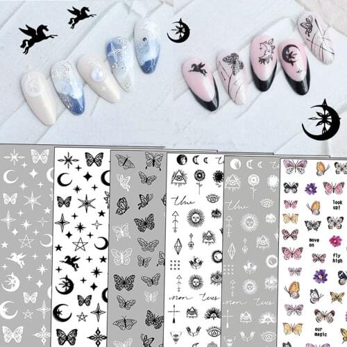 1Pc Creative Black White Butterfly Nail Sticker Charming Rose Flower Star Moond Design Self Adhesive Nail Decals