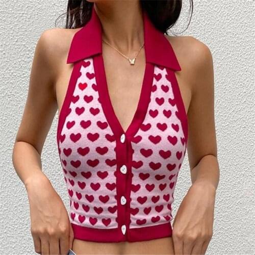 2021 New Fashion Sexy Button Front Lapel Sleeveless Knitted Crop Tops Womens Backless Deep V Neck Heart Print Tank Tops