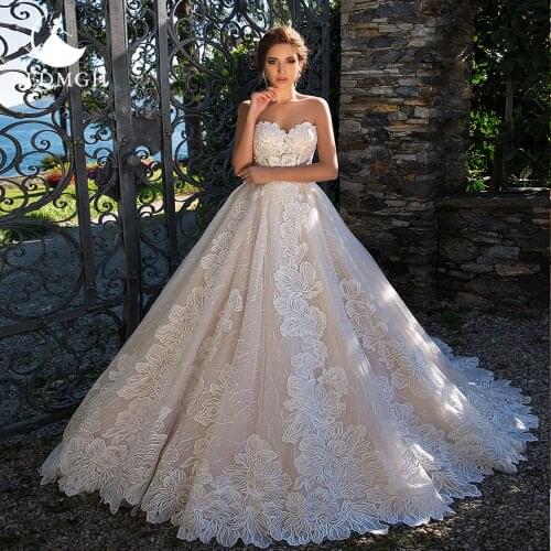 Aedmgh Ball Gown Wedding Dresses 2021 Strapless Sleeveless Robe De Mariee Lace Gorgeous Appliques Lace Up Princess Bridal Dress