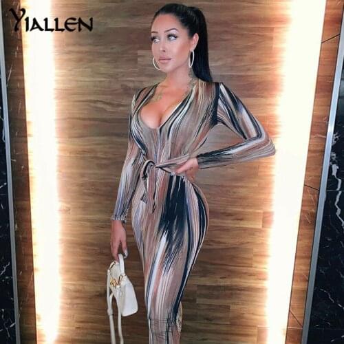 Yiallen Print Bandage Sexy Bodycon Maxi Dress 2021 The New Women V Neck Long Sleeve Elegant Club Party Dress Autumn Wrap Dress