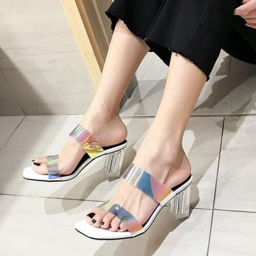 Summer 2021 New Transparent Shoelace Open-Toe Women Sandals Fashion All-Match Square Toe Ladies Shoes Thick High heels Slippers