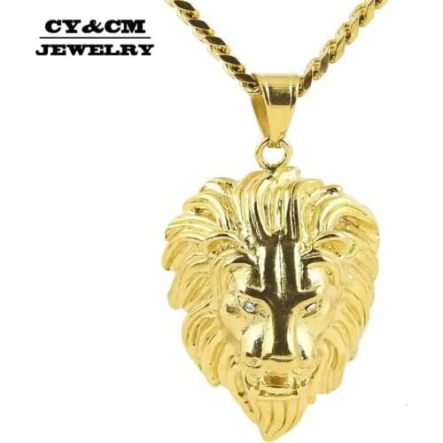 CY&CM Stainless Steel Lion Head Pendant Necklace Hip Hop Lion King Animal Charm High Quality Punk Style Gold Color Chain Jewelry