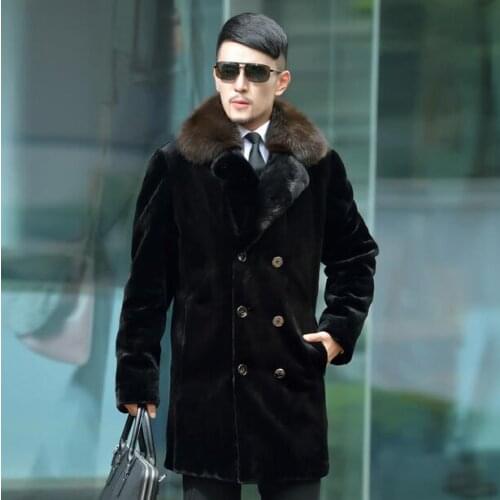 Black warm faux imitation mink rabbit fur coat mens leather jacket double-breasted coats villus winter loose thermal outerwear
