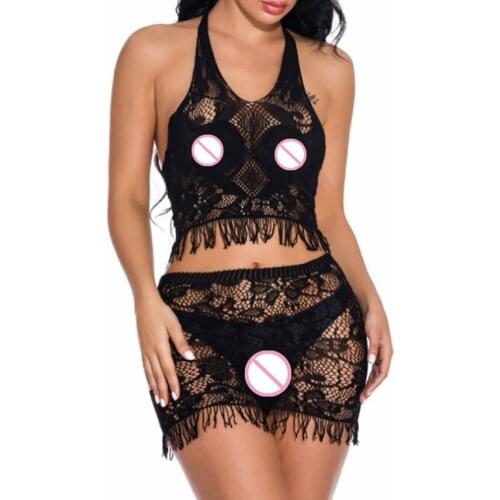 Black Halter Lingerie Exotic Sets Sexy Underwear Women Nightgown Uniform Seductive Sleepwear Female Tassels Babydolls dropship