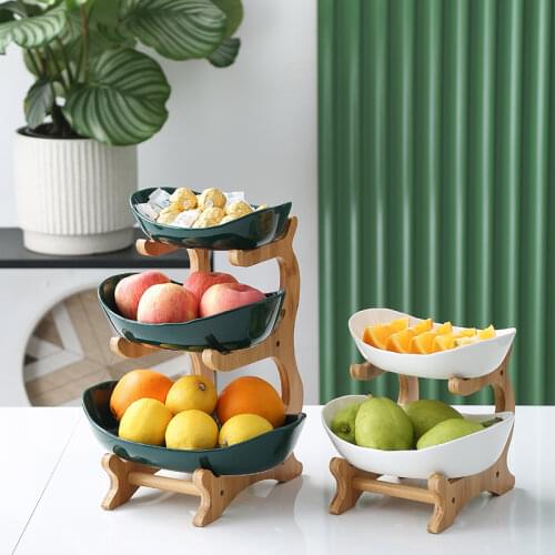 Creative double-layer multi-layerplate ceramic dried fruit plate bamboo wooden shelf sushi dish fruit basket LM01231454