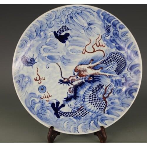 Antique MingDynasty porcelain plate,Blue and white red dragon dish,Hand-painted crafts,best collection& adornment