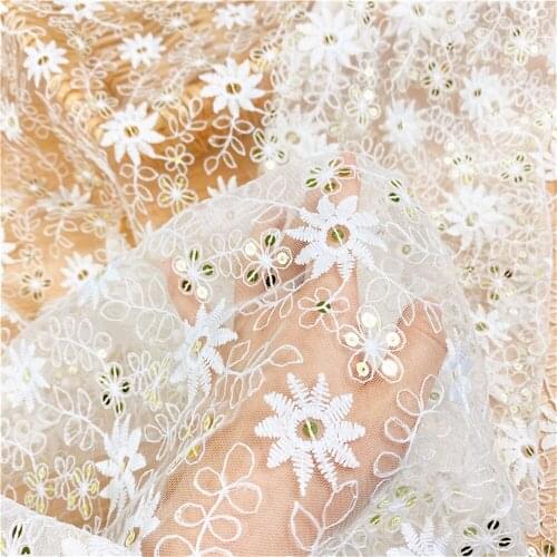Ivory White With Sequins Mesh Lace Fabric Embroidered Flower DIY Wedding Dress Veil Sewing Craft Accessories V2840