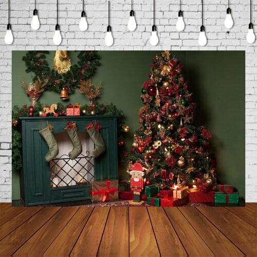 New Year Christmas Backdrop Red Gift Boxes Tree Fireplace Sock Background Xmas Noel Party Banner Green Wall Kids Portrait Poster