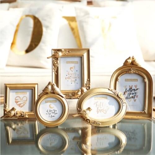 European Bird And Flower Resin Photo Frame 3 Inch 6 Inch 7 Inch Embossed Luxury Bright Gold Creative Set Stand Photo Frame