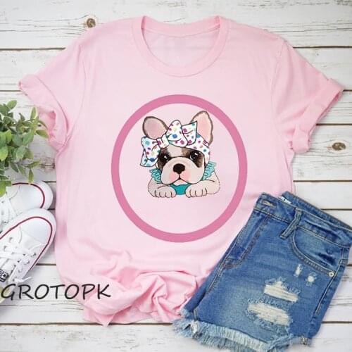 Dog Print T Shirt Women Funny Pink Womens Tee Shirts O-Neck T Shirt Casual Harajuku High Street Couple Tees Streetwear Summer