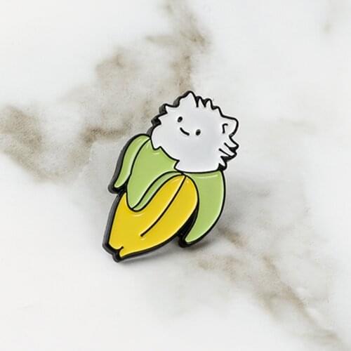 Cat Story ! Meowth Super Lovely Banana White Hairy Cat Hard Enamel Cartoon Animal Brooches Lapel Pins