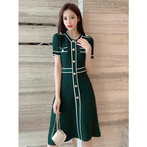 Summer short-sleeved high-level French knitted Dress waist is thinner ladies temperament medium long Small Fragrance Dress Women