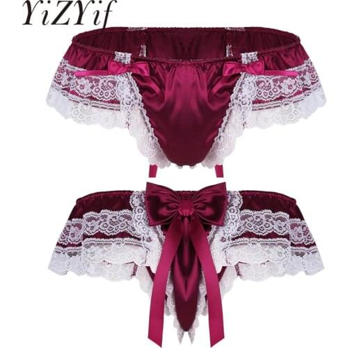 Mens Sissy Panties Bikini Thong Underwear Shiny Soft Satin Lingerie Double Layers Floral Lace Back with Big Bowknot Undwerwear