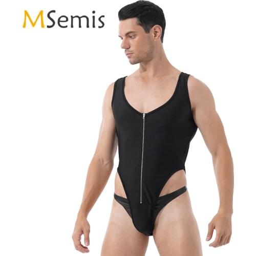 Mens High Cut Singlet Bodysuit Sleeveless Zipper Front Nightwear Casual U Neck Jumpsuits Playsuit Sport Fitness Leotard Rompers