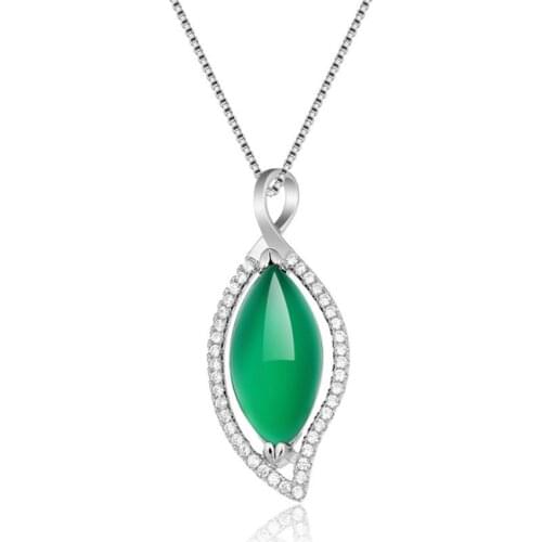 Silver Plated Marquise Shape Green Agates Pendant Link Chain Necklace with Rhinestone Jewelry