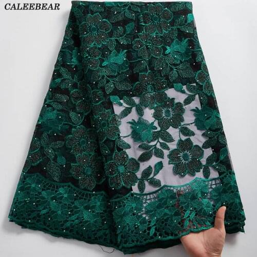 Latest African Net Lace Fabric 5Yards Green Lace Material Embroidery Tulle French Mesh Lace Fabric With Stones For Wedding S2355