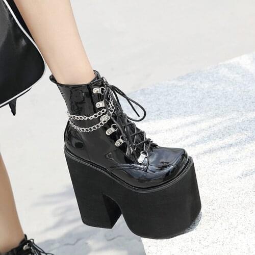 PXELENA 34-43 Harajuku Metal Chain DJ Nightclub Punk Gothic Creepers Chunky Platform Super High Heel Motorcycle Cosplay Boots JK