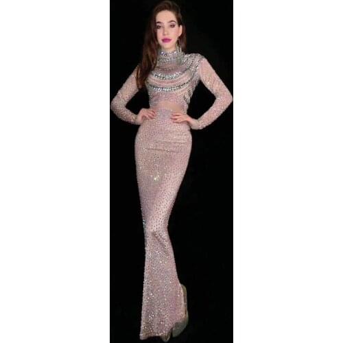 Luxurious Evening Party Birthday Prom Celebrate Rhinestones Dresses Long Sleeve Slim High Slit Long Dress Performance Costume