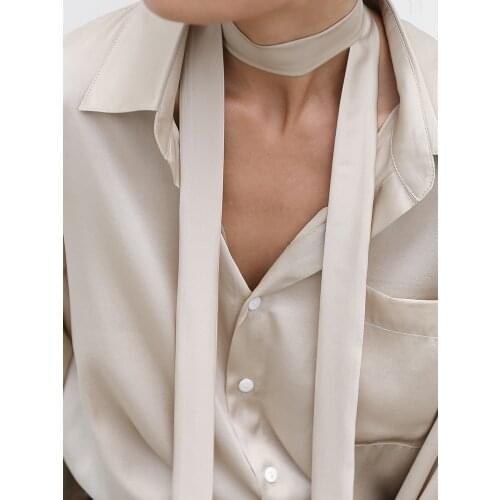 JIUNINE Original design silk streamer shirt female mulberry silk solid color long-sleeved shirt loose tie shirt women shirts