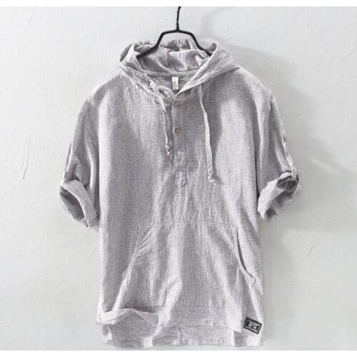 Summer Fashion Men Shirts Hooded Collar Half Sleeve Shirts Men Linen Cotton Fabric Japanese Style Casual Tee Shirt Camisa Hombre