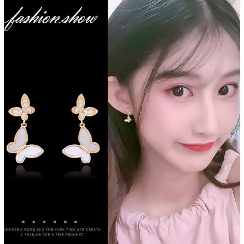 Ins Simple Butterfly Drop Earrings Mini Exquisite Crystal Shell Bricnos 925 Silver Needle OL Elegant Female Wedding Jewelry Gift