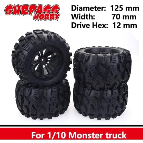 SURPASS HOBBY 4PCS 125MM 1/10 Monster Truck Tire Rubber Rocks Tyres 12mm Wheel Hex for RC Crawler Axial Traxxas Tamiya Kyosho