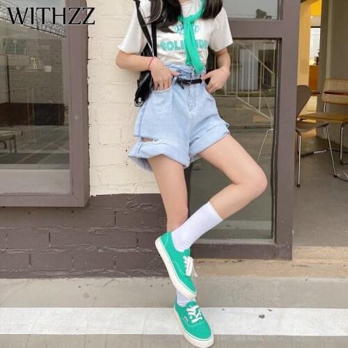 WITHZZ Spring Summer Womens Loose Retro Elastic Waist Straight Cuffs Ripped Hole Jeans Denim Shorts