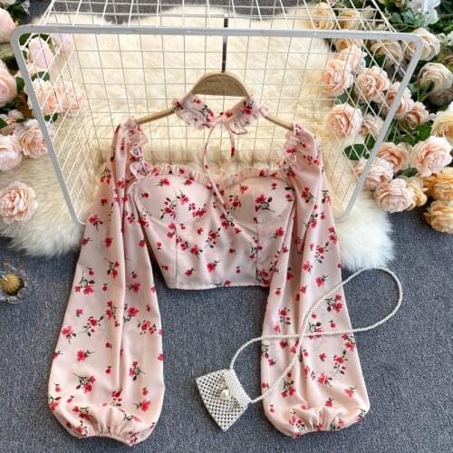 SINGREINY Women Boho Floral Blouse Korean Retro Square-Collar Puff Sleeve Slim Tops Spring Sexy Streetwear Print Short Blouses