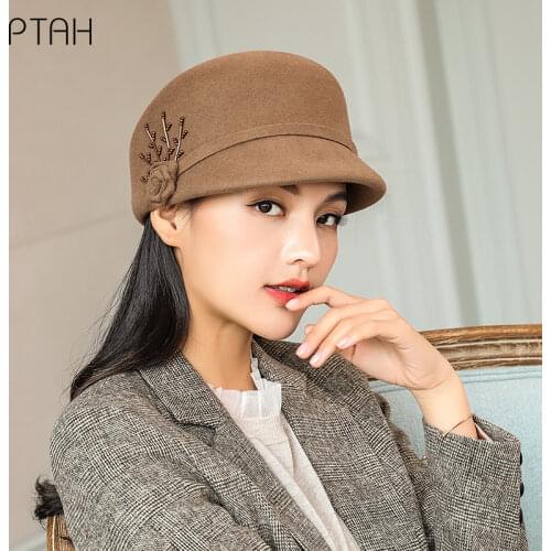 [PTAH] 100% Wool Womens Autumn Winter Hats Vintage Church Fedoras Hats For Women Fascinator Floppy Camel Hat Tocados Para Bodas