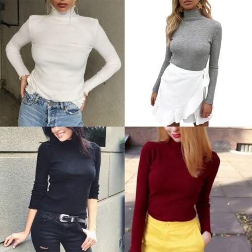 Women Turtleneck Blouse Knitwear Long Sleeve Pullover Jumper Solid Slim Outwear