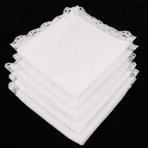 2019 New 5 Pieces Ladies Embroidery Cotton Handkerchiefs Lace Border White Hanky for Wedding Eating Food Wiping Sweat
