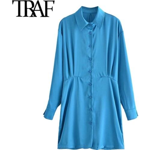 TRAF Women Fashion Pleated Soft Touch Fitted Mini Shirt Dress Vintage Long Sleeve Button-up Female Dresses Vestidos