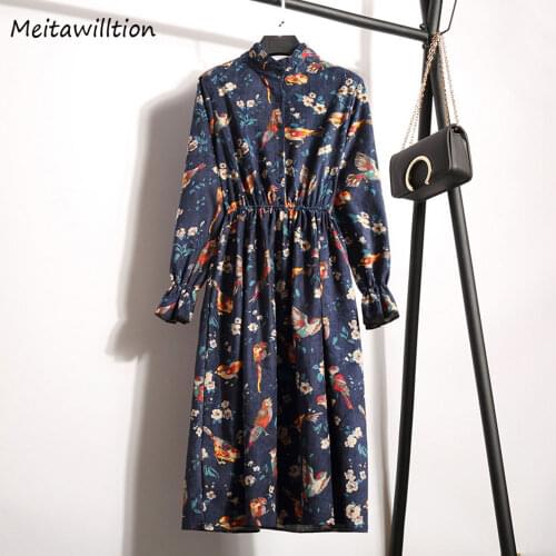 2020 Autumn Winter Retro Warm Women Dress Black White Dot Printed Midi Dress Flare Sleeve Boho Dresses For New Year