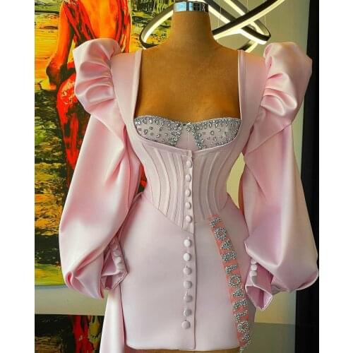 New Fashion Elegant Prom Dresses Long Sleeve High Low Crystals Buttons Plus Size Women Formal Evening Pageant Party Gowns Custom