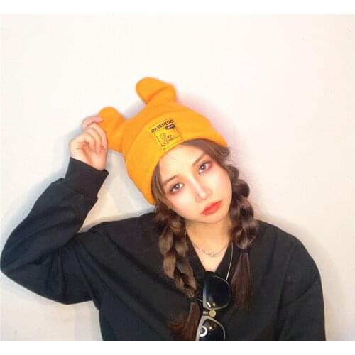 Winter Outdoor Ladies Cute Rabbit Ear Animal Shap Knit hat Womens Girl Warm Beanies Caps Skullies Bone gorros Patch Skullcap