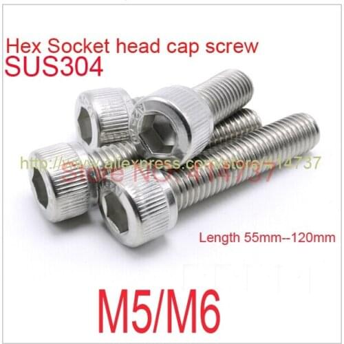 10Pcs/Lot DIN912 Stainless Steel 304 M5/M6 Hex Socket Head Cap Screw Length 55--120mm
