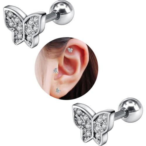 2Pcs 16G Rod Top Crystal Butterfly Earrings for Women Helix Piercing Tragus Conch Lobe Ohrring Nose Ring Stud серьги Ear Jewelry