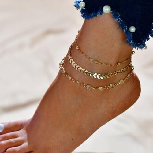 3 Pcs/set 2020 New Vintage Sequin Transparent Crystal Anklets for Women Ethnic Rice Beads Anklet Set Female Jewelry Accessories