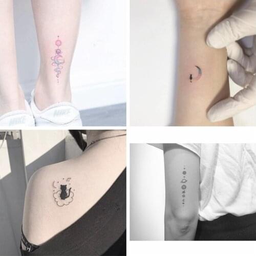 4 Sheets Lovely Waterproof Temporary Tattoo Stickers Black Cat Moon Wrist Cartoon Body Art Star Planet Fake Tatoo for Women Men