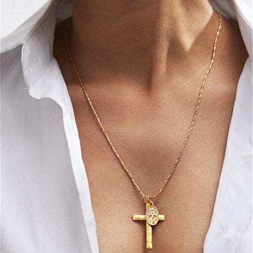 Free Shipping New Arrive Cross Jesus Pendant Gold Necklace Women Vintage Christian Minimalism Cross Necklaces For Women Jewelry