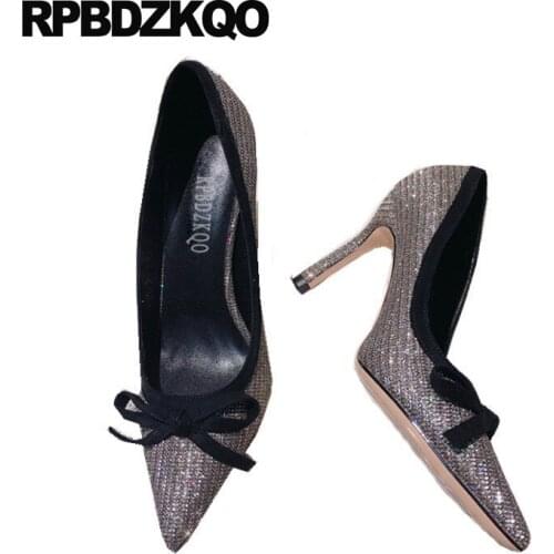 Glitter Bow 2021 Size 4 34 Sparkling High Heels Pumps Medium Silver Ladies Bling Wedding Shoes Pointed Toe 3 Inch Quality Thin