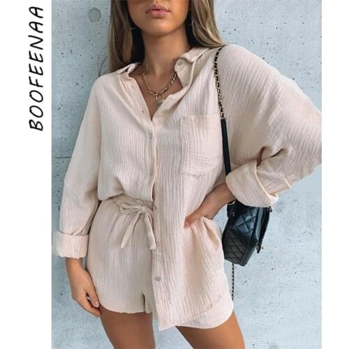 BOOFEENAA Two Piece Outfits for Women Matching Sets Cozy Loungewear Spring 2021 Shirts Blouse and Shorts 2 Piece Set C92-CF36