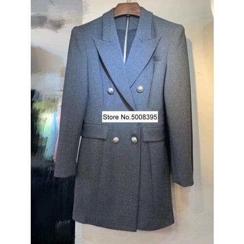 [ElfStyle] - Top Quality Classic Grey Double Breasted Suit Dress Silver Buttons Flap Pockets Long Sleeves Fitted Slim Mini dress