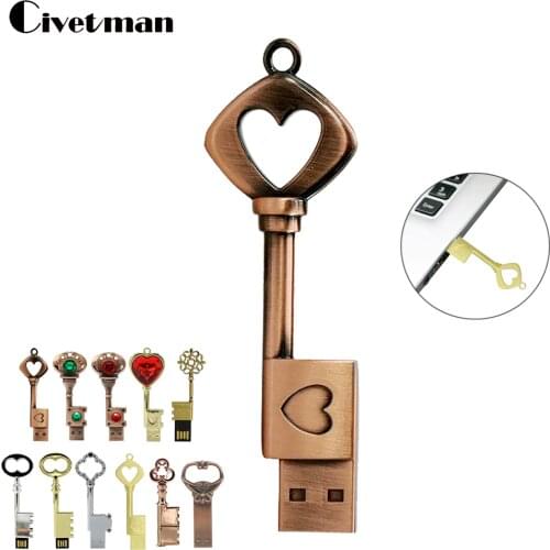 Key Pen Drive 128GB Metal Bronze Heart Key Flash Drive USB 2.0 Pendrive Memory Stick Drives 64GB 32GB 16GB 8GB Usb Flash Drive